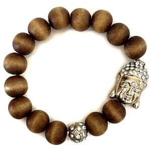 Rhinestone Buddha Brown Beaded Bracelet Gold Tone Spiritual Wood Boho Neutral